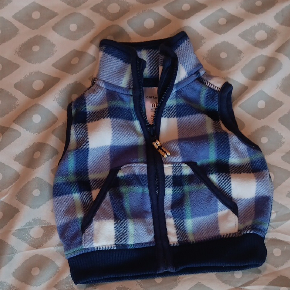 Carter's Newborn Baby Boy Navy and White Plaid Fleece Vest Blue White Zipper